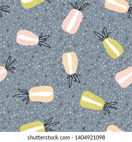 Modern exotic pattern with pineapple sliced along the marble. Colorful, minimalistic tropical background. Ideal for textiles, fabrics, printing, packaging