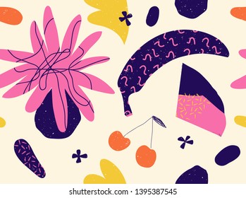 Modern exotic  plants and fruits illustration pattern. Creative collage contemporary floral seamless pattern. Fashionable template for design.