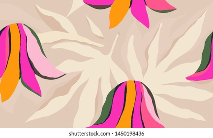 Modern exotic plants illustration pattern. Creative collage contemporary floral seamless pattern. Fashionable template for design.
