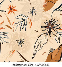 Modern exotic plants illustration pattern. Creative collage contemporary floral seamless pattern. Fashionable template for design.
