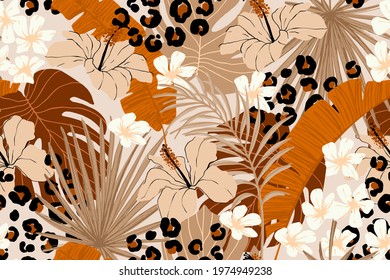 Modern exotic seamless pattern. Leopard fur, tropical leaves, hibiscus flowers. Palm foliage. Print for luxury fashion fabric, clothes, wallpaper. Hand drawn collage style, warm earthy colors.