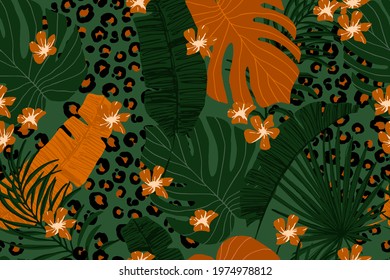 Modern exotic seamless pattern. Leopard fur, tropical leaves, flowers. Palm foliage. Print for luxury fashion fabric, clothes, wallpaper. Hand drawn safari style.