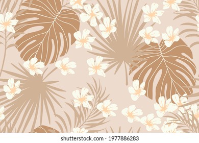 Modern exotic seamless pattern. Leopard fur, tropical leaves, hibiscus flowers. Palm foliage. Print for luxury fashion fabric, clothes, wallpaper. Hand drawn collage style, warm earthy colors.