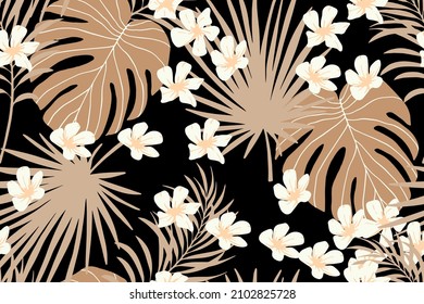 Modern exotic seamless pattern. Leopard fur, tropical leaves, hibiscus flowers. Palm foliage. Print for luxury fashion fabric, clothes, wallpaper. Hand drawn collage style, warm earthy colors.