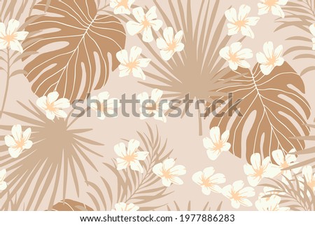 Modern exotic seamless pattern. Leopard fur, tropical leaves, hibiscus flowers. Palm foliage. Print for luxury fashion fabric, clothes, wallpaper. Hand drawn collage style, warm earthy colors.