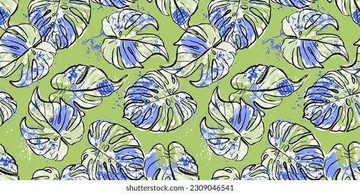 Modern exotic seamless pattern. Monstera tropical leaves. Palm foliage. Colorful brush strokes, textures. Print for luxury fashion fabric, clothes, wallpaper. 