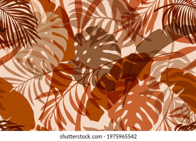 Modern Exotic Seamless Pattern. Tropical Leaves. Palm Foliage. Print For Luxury Fashion Fabric, Clothes, Wallpaper. Hand Drawn Collage Style, Warm Earthy Colors.