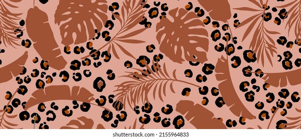 Modern exotic seamless pattern. Tropical leaves, leopard fur. Palm foliage. Print for luxury fashion fabric, clothes, wallpaper. Warm, retro earthy colors, brown, beige, black.