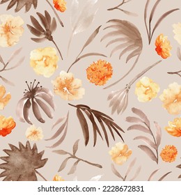 Patrón exótico moderno sin costuras. Hojas tropicales. Follaje de palma. Impresión para tela de moda de lujo, ropa, papel pintado. Cálidos colores terrenales. Textura acuarela.