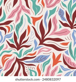 Modern exotic tropical illustrated leaves seamless pattern. Creative collage contemporary floral seamless pattern. Fashionable template for design. Abstract colorful shapes on light neutral background