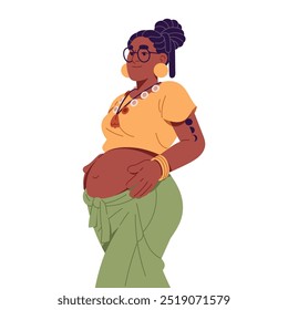 Modern expectant mom supports, holds hands on her belly. Future mother, young pregnant woman loves baby. Black girl is in pregnancy. Motherhood life. Flat isolated vector illustration on white