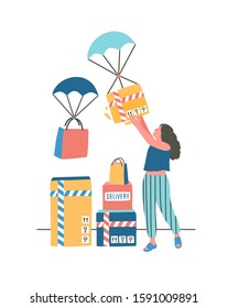 Modern express delivery flat vector illustration. Young lady receiving parcel via airdrop cartoon character. Contemporary postal service, internet orders distribution, goods shipment concept.