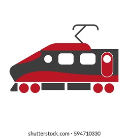 Modern express train locomotive in black and red colors isolated on white background. Railroad transport item for carrying passengers, transportation symbol vector illustration in flat style