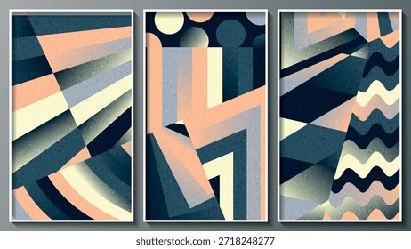 Tríptico expresionista moderno. Una composición de tres Imágenes en marcos blancos delgados para decoración de interiores, blogs, Cuentas de redes sociales, diseño corporativo y otros proyectos. Vector.