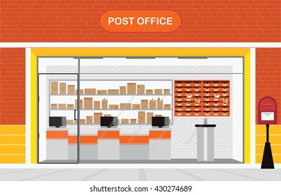 Modern exterior and interior of post office Building with counter service and post box, front store vector illustration.