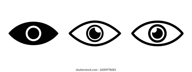 Modern eye icon set in flat line design. Eyesight and vision vector symbols for websites or apps. Retina and cornea scan icons. Minimal eye silhouettes isolated on white.