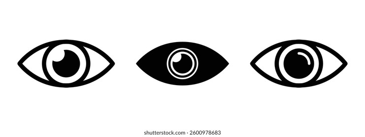 Modern eye icon set in flat line design. Eyesight and vision vector symbols for websites or apps. Retina and cornea scan icons. Minimal eye silhouettes isolated on white.