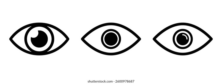 Modern eye icon set in flat line design. Eyesight and vision vector symbols for websites or apps. Retina and cornea scan icons. Minimal eye silhouettes isolated on white.