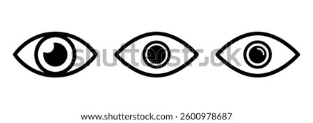 Modern eye icon set in flat line design. Eyesight and vision vector symbols for websites or apps. Retina and cornea scan icons. Minimal eye silhouettes isolated on white.