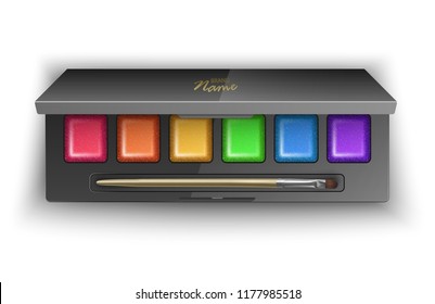Modern eye shadow palette with bright and colorful colors. Mockup in 3d illustration, top view of cosmetic product on white background