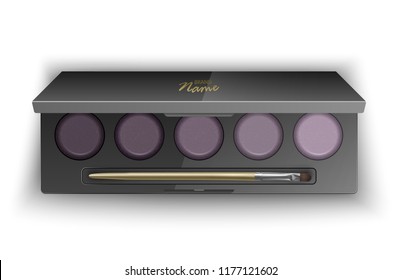 Modern eye shadow palette for smokey eyes. Mockup in 3d illustration, top view of cosmetic product on white background