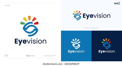 Modern eye vision logo icon design vector, symbol for optics or optical, geometric eye sign with colorful sight or spark shapes for global tech vision, eye care solutions for healthy. digital media