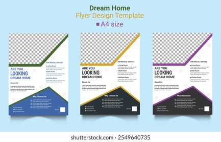 Diseño de volante llamativo moderno para bienes raíces, Dream Home Title Real Estate Flyer Design Plantilla. Construcción de redes sociales post Diseño de Anuncio, Servicio de fontanería Anuncio de Web de redes sociales, reparación de viviendas.