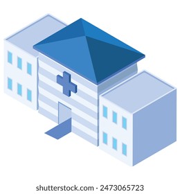 A modern, eye-catching isometric illustration of a hospital building with a blue roof and a blue cross on the front.