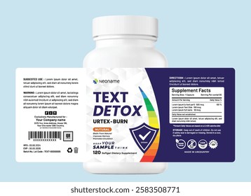 Modern eye-catching product label with sleek typography, rainbow accents, and geometric patterns, gradients, perfect for nutritional information premium detox supplement product packaging.