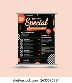 A modern and eye-catching restaurant menu roll-up banner designed for food promotions and special deals. This professionally crafted food flyer template features bold typography and stylish layout.
