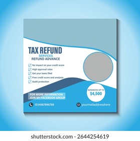 Modern and eye-catching social media post template for tax refund services. Perfect for accountants and tax professionals promoting fast refunds, expert help, and seasonal tax campaigns online.