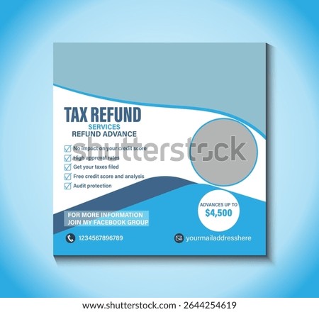Modern and eye-catching social media post template for tax refund services. Perfect for accountants and tax professionals promoting fast refunds, expert help, and seasonal tax campaigns online.