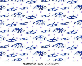 Modern eyes pattern. Conceptual abstract ornament for design of Turkish, Greek magical amulets from evil eye. Seamless texture with blue eyelashes, dotted spots on white background. Flat illustration.