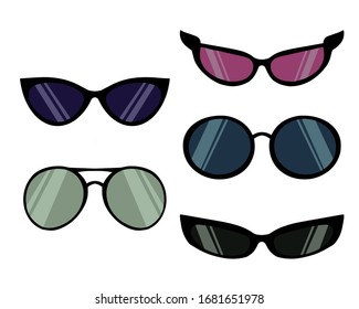 Modern eyewear frames. Retro, trendy women and men glasses.  Set of sunglasses. Hand drawn vector illustration for web design.
