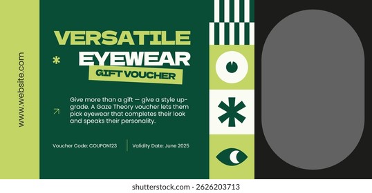 Modern eyewear gift voucher design with bold typography and geometric graphics in green tones. Includes placeholder image space and coupon details for a stylish promotional campaign.