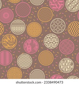 Modern fabric print vector seamless pattern. Circle shapes with oriental abstractions inside. Arabic geometry in circles. Dotted texture background. Candy wrapper design.