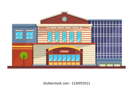Modern facade of the cinema building, an architectural structure for recreation and entertainment. City cultural building cinema, entertainment attraction, city landscape. Vector illustration.