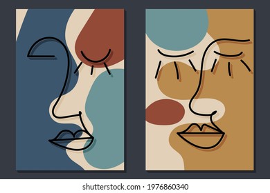 Modern face line art. Minimal shapes and lines. Home decor design. Hand drawn watercolor effect painting shapes and line art faces. Contemporary boho design. Modern abstract art face.