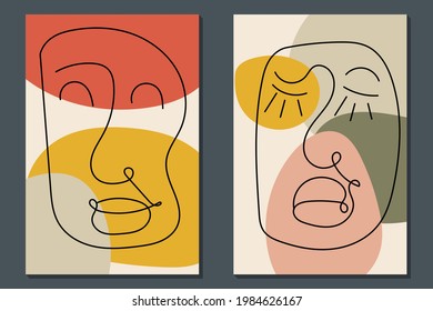 Modern face line art. Minimal shapes and lines. Home decor design. Hand drawn watercolor effect painting shapes and line art faces. Contemporary boho design. Modern abstract art face.