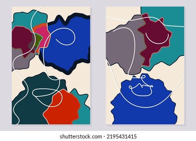 Modern face line art. Minimal shapes and lines. Home decor design. Hand drawn watercolor effect painting shapes and line art faces. Contemporary boho design. Modern abstract art face.