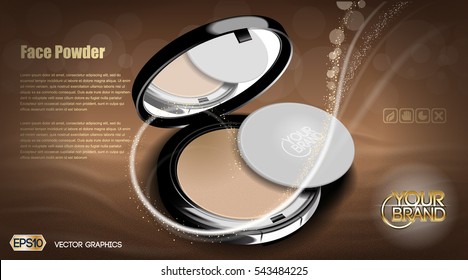 Modern face powder or blush ads. Glitter elements for design. Place for text. Realistic 3d Vector illustration