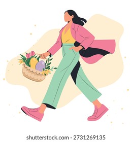 Modern faceless woman walking with Easter basket and spring flowers, pastel flat vector illustration in minimal style, for holiday greeting cards, social media posts, seasonal promotions, branding, banners and lifestyle content.