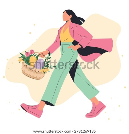 Modern faceless woman walking with Easter basket and spring flowers, pastel flat vector illustration in minimal style, for holiday greeting cards, social media posts, seasonal promotions, branding, banners and lifestyle content.