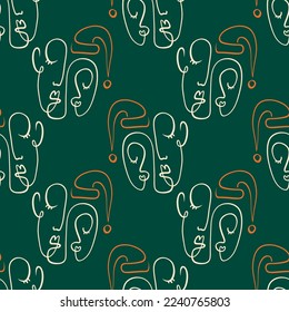 Modern faces abstract artistic New Year and Christmas illustration. Scandinavian nordic style artisan Noel seamless pattern