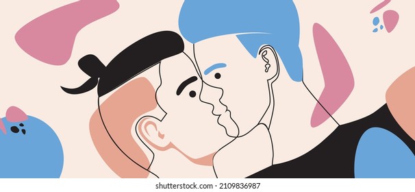 Modern modern faces with abstract shapes. Vector stock illustration. The concept of minimalism. The outline drawing style. Modern silhouette of LGBTQ couple for valentine's day