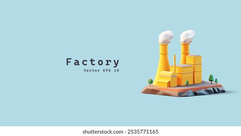 Modern factory, 3D. Banner for advertising production of goods, investments, and economy. Production of quality products and goods. Vector