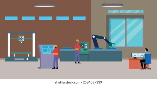 Modern Factory Automation – Workers and Robotics in Industrial Production 2d flat vector illustrations