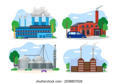 Modern factory building cityscape view, mechanical plant pipe discharge environmental pollution flat vector illustration, isolated on white.
