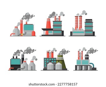 Modern factory buildings industrial complex. Refinery or nuclear power stations with smoking pipes flat vector illustration