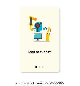 Modern factory flat icon. Artificial intelligence, robotic arm, conveyor isolated sign. Manufactory, industry, production concept. Vector illustration symbol element for web design